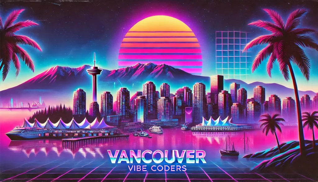 Vancouver Vibe Coders - A synthwave-style illustration of Vancouver cityscape